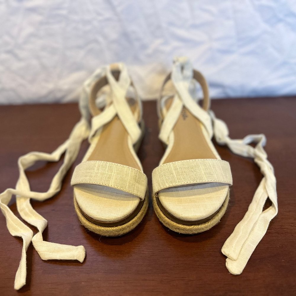 NEW! Off-White Platform Sandals with Linen Ankle Wraps
